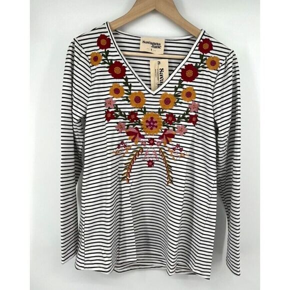 NEW Savanna Jane Floral Embroidered Striped V Neck Top Shirt Women's Small NWT - Picture 1 of 4